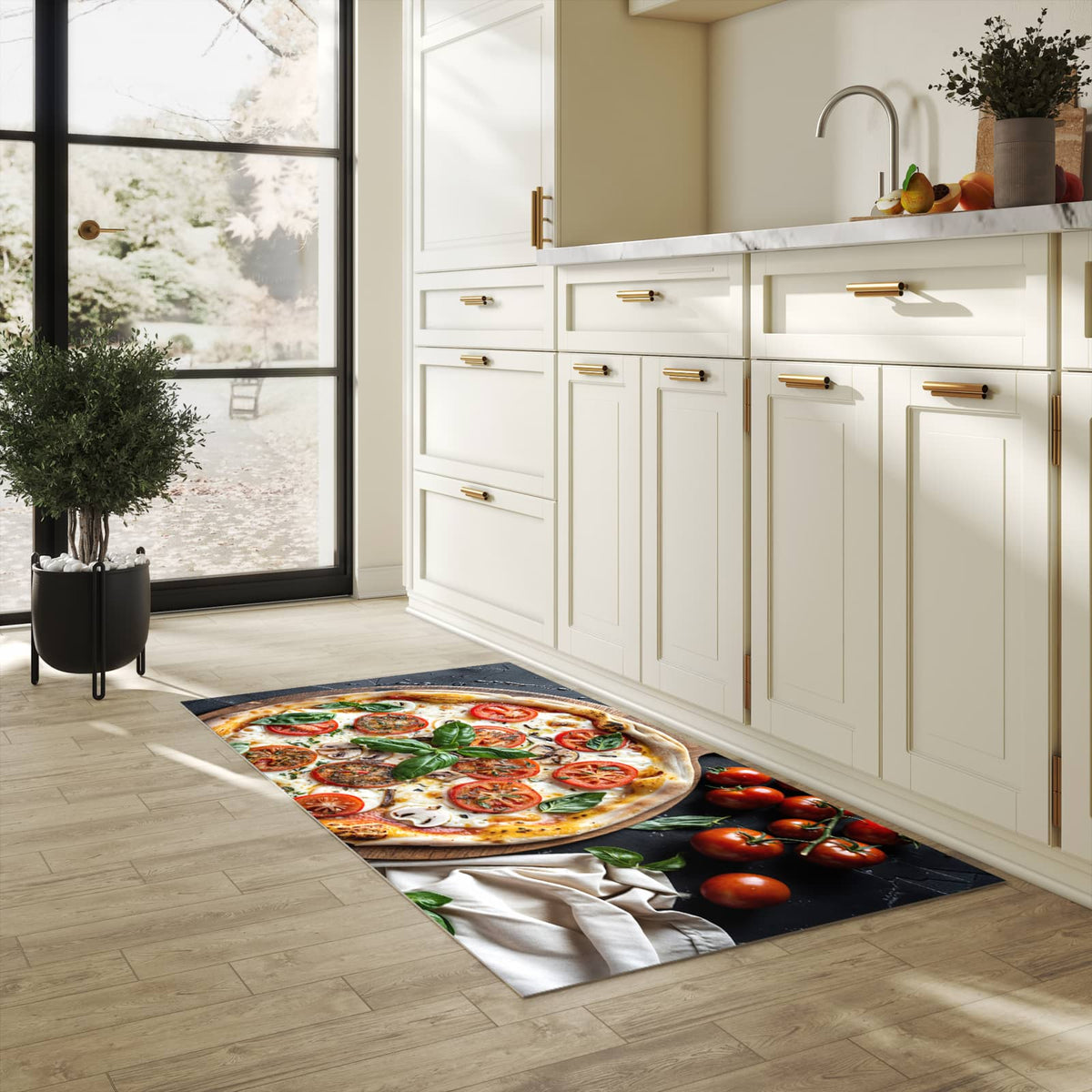 Küchenteppich mit Motiv Pizza mit Tomaten für Trittkomfort in heller Küche