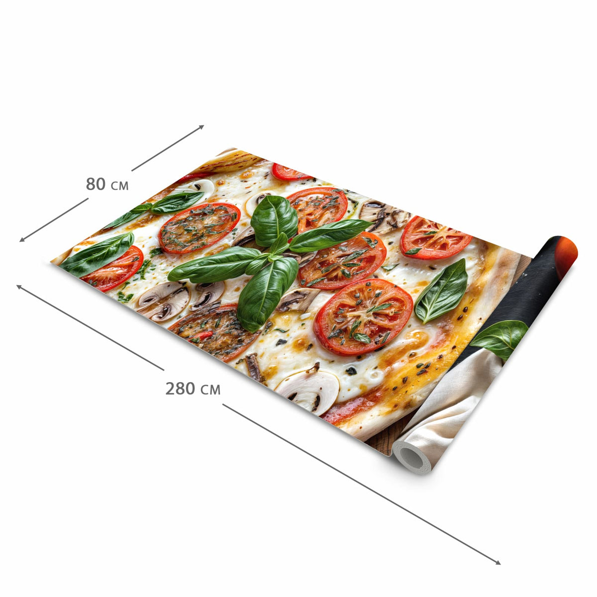 Schmutzabweisender waschbarer Küchenläufer mit Motiv Pizza mit Tomaten in der Größe 80x300 cm