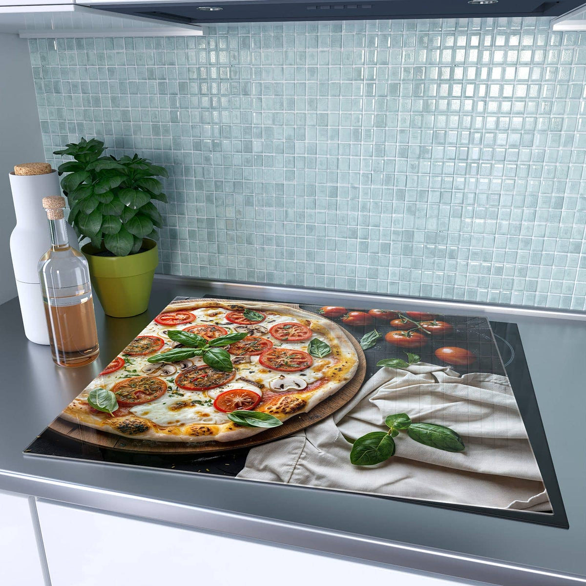 1-teilige Glasplatte für Herd mit Pizza mit Tomaten-Motiv auf dem Ceranfeld