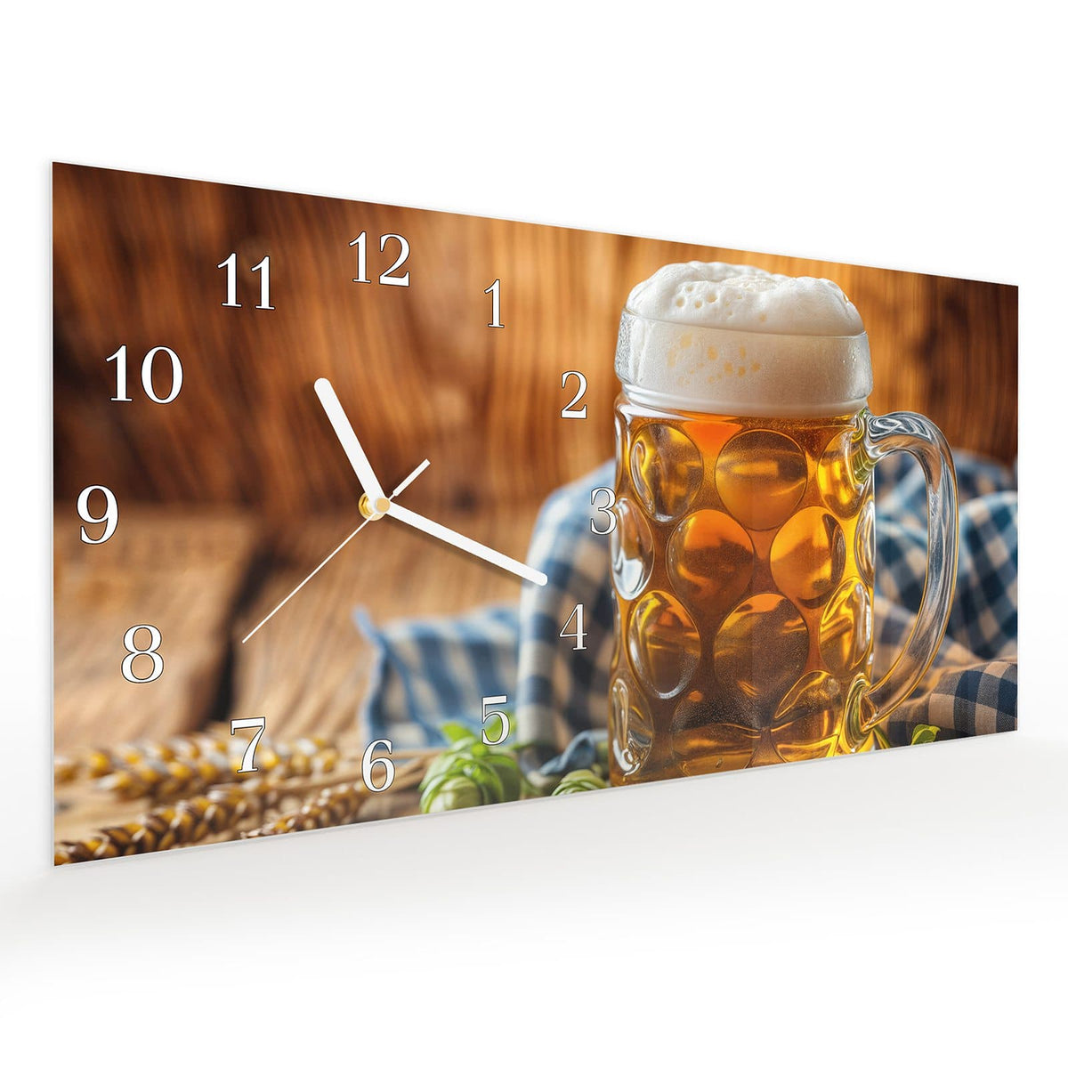 Vormontiert – mit Schwebeeffekt – Wanduhr Bierglas aus Glas – Querformat 60 × 30 cm