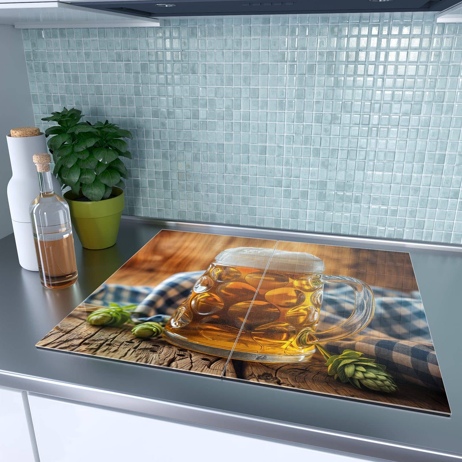 2-teilige Abdeckplatten für Ceranfeld mit Bierglas-Motiv auf dem Ceranfeld
