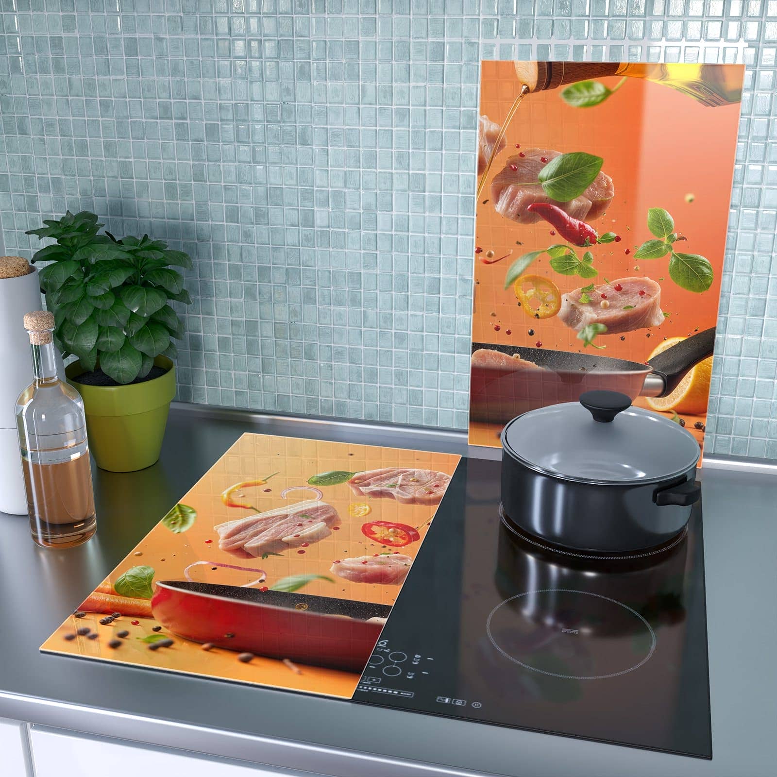 2-teilige Herdabdeckung mit Frische Kochzutaten-Motiv als Spritzschutz hinter dem Kochfeld
