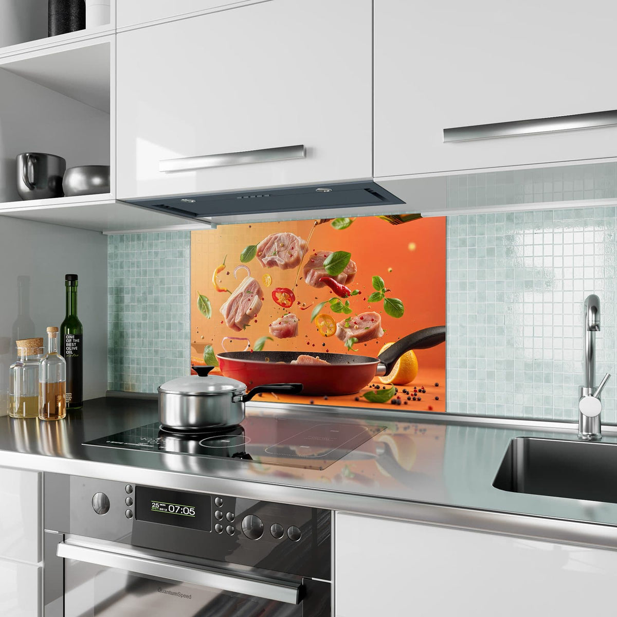 Küchenrückwand aus Glas Zutaten über der Pfanne im Hochformat als Spritzschutz hinter dem Kochfeld, über dem Fliesenspiegel montiert