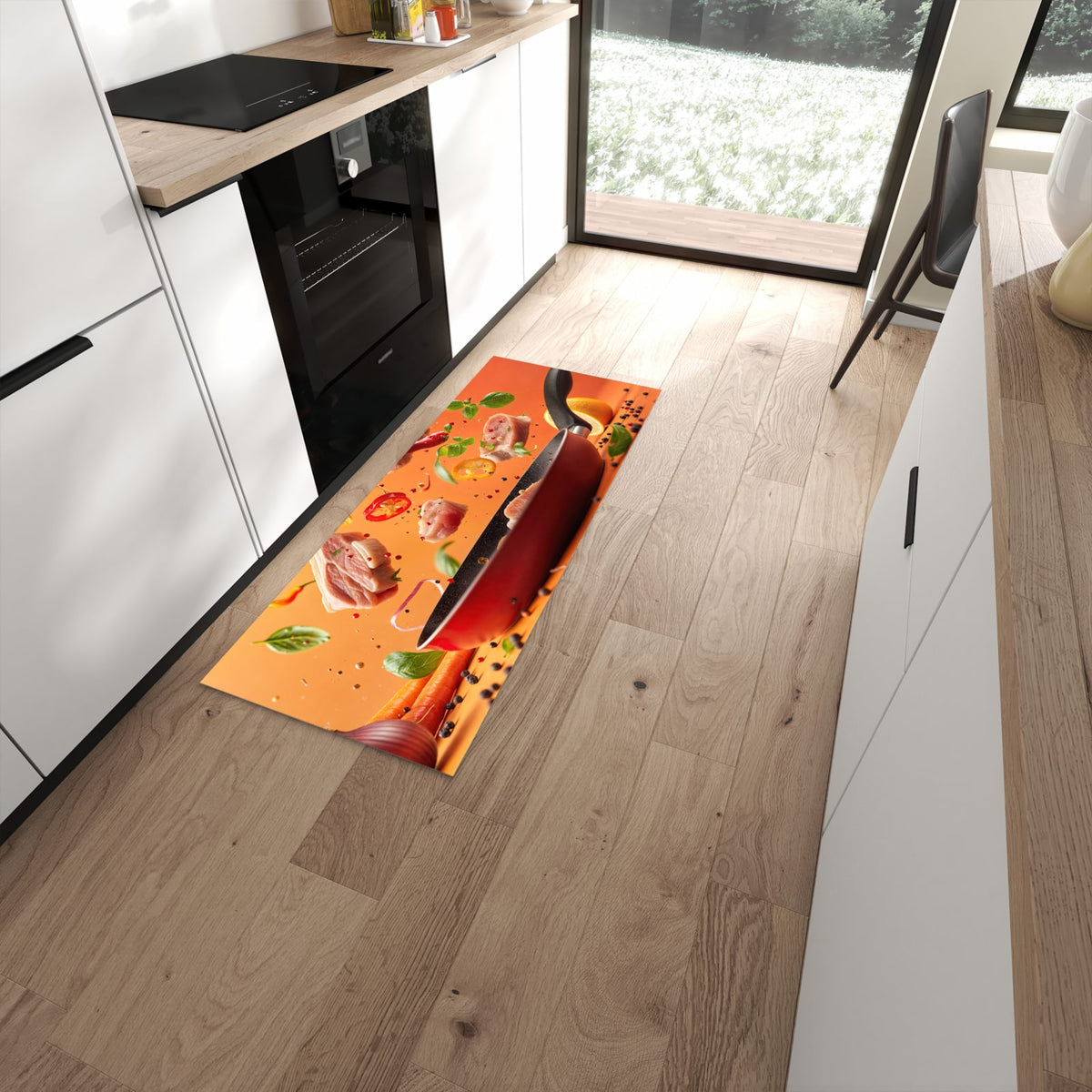 Flacher Küchenteppich mit Motiv Frische Kochzutaten in moderner Küche #grösse_60 x 150 cm
