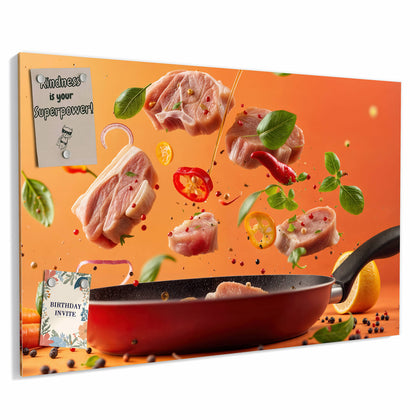 Metall Magnettafel mit dem Motiv Zutaten über der Pfanne