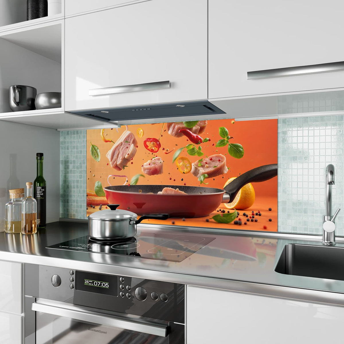 Küchenrückwand aus Glas Zutaten über der Pfanne im Hochformat als Spritzschutz hinter dem Kochfeld, über dem Fliesenspiegel montiert