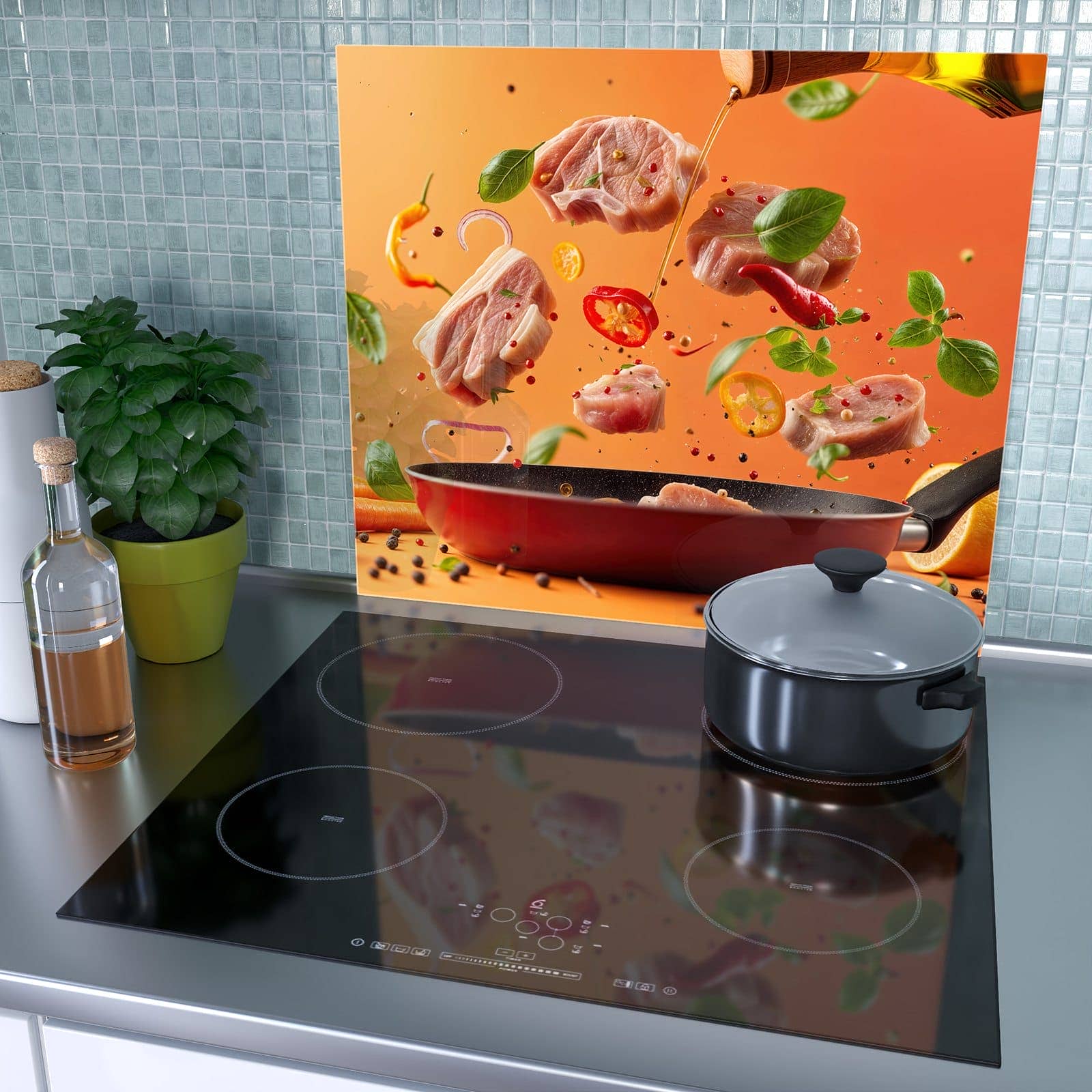 1-teilige Herdabdeckung mit Frische Kochzutaten-Motiv als Spritzschutz hinter dem Kochfeld