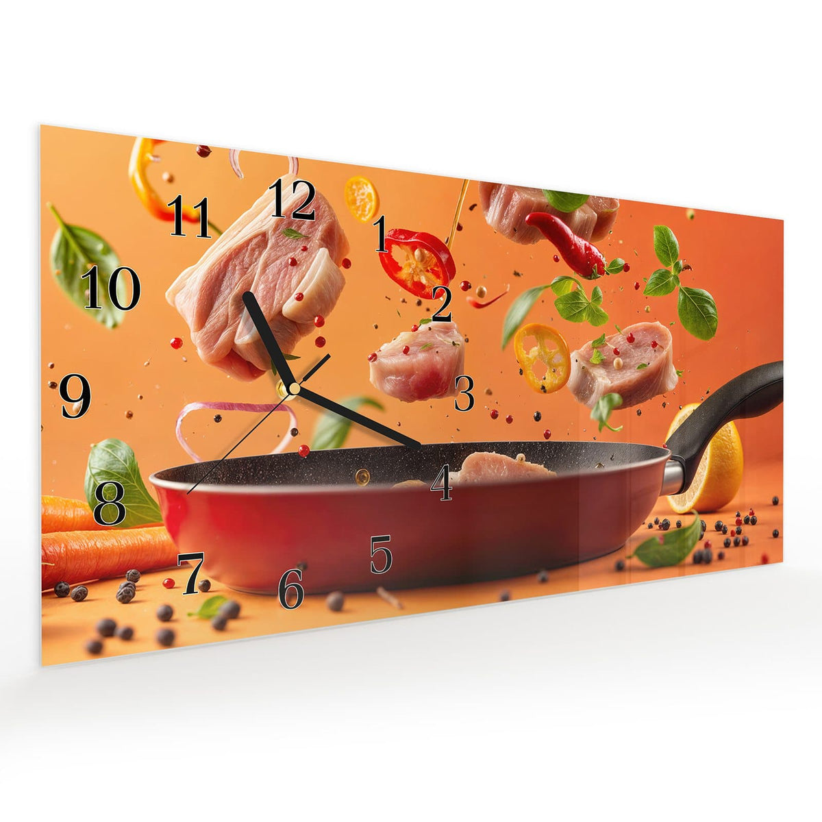 Vormontiert – mit Schwebeeffekt – Wanduhr Frische Kochzutaten aus Glas – Querformat 60 × 30 cm