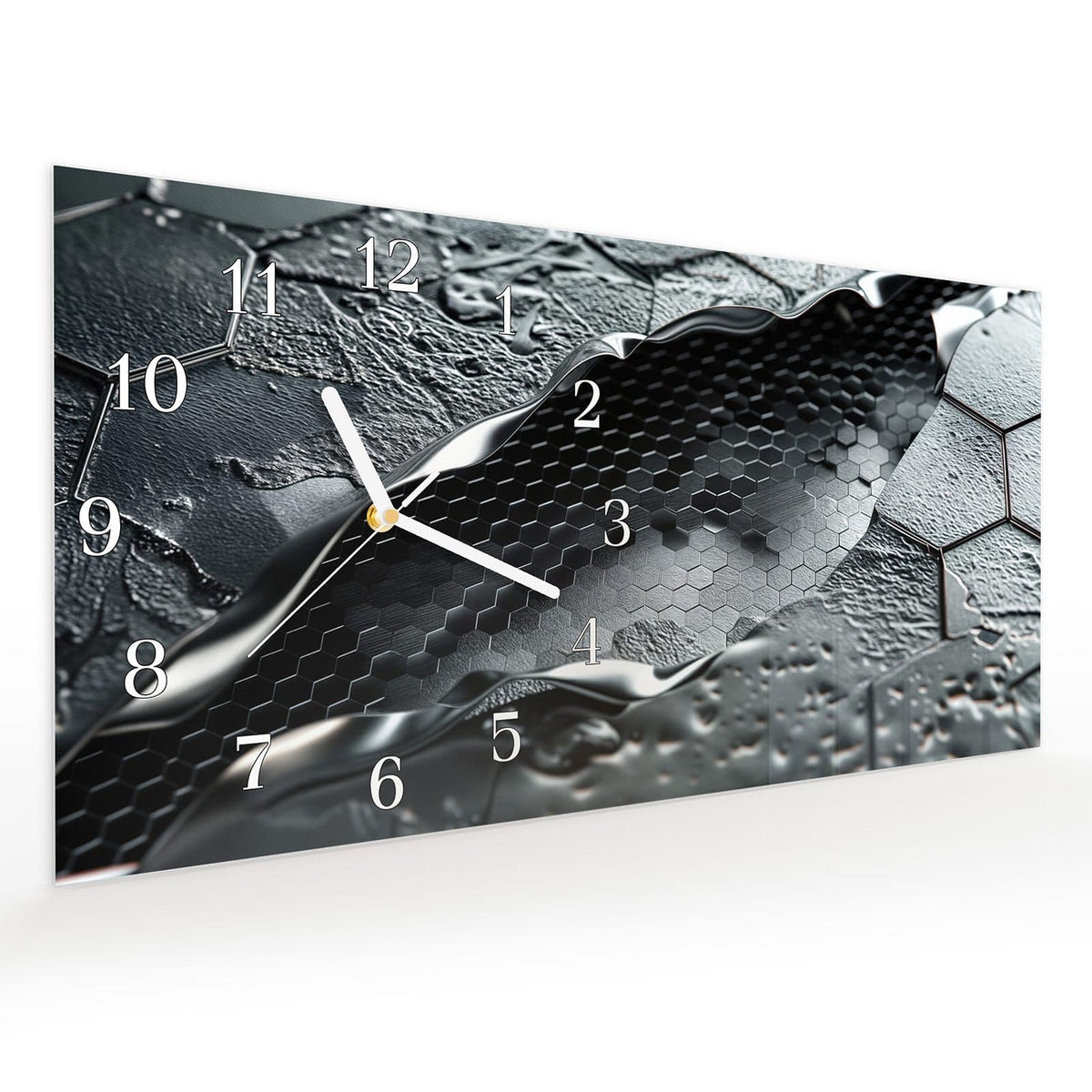 Vormontiert – mit Schwebeeffekt – Wanduhr Hexagon Muster aus Glas – Querformat 60 × 30 cm