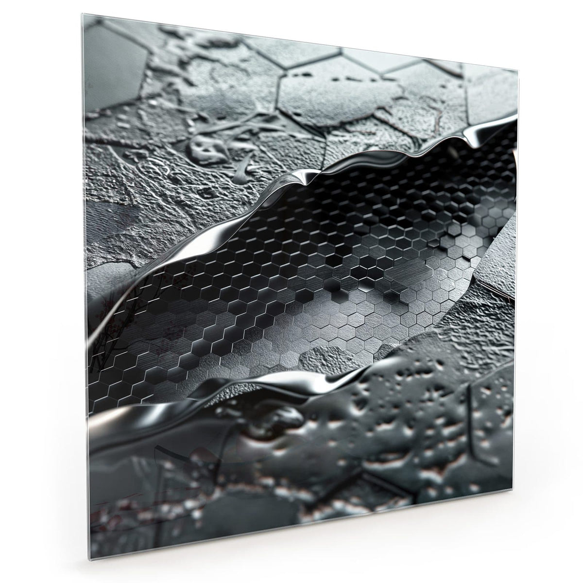 Küchenrückwand aus Glas im quadratischen Format: Schwarze Wabenfläche, über die sich eine flüssig wirkende Metallwelle legt #grösse_40 x 40 cm #grösse_50 x 50 cm #grösse_60 x 60 cm