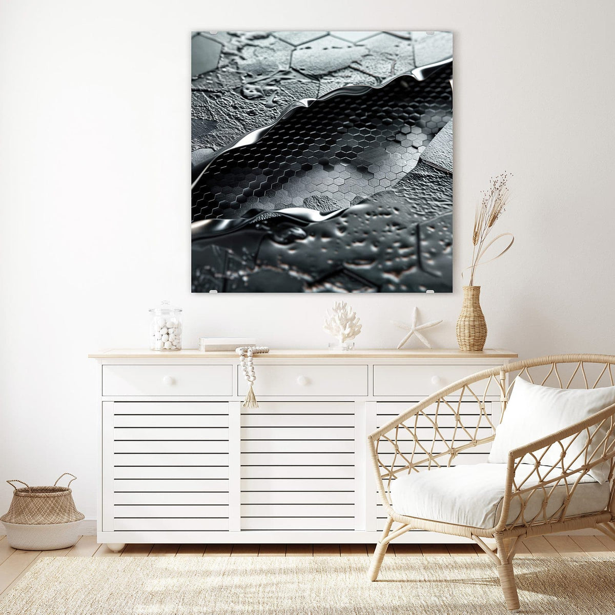 Echtglas, 4 mm – kein Acryl, keine Folie – Wandbild - Waben in Metall - Quadratisch