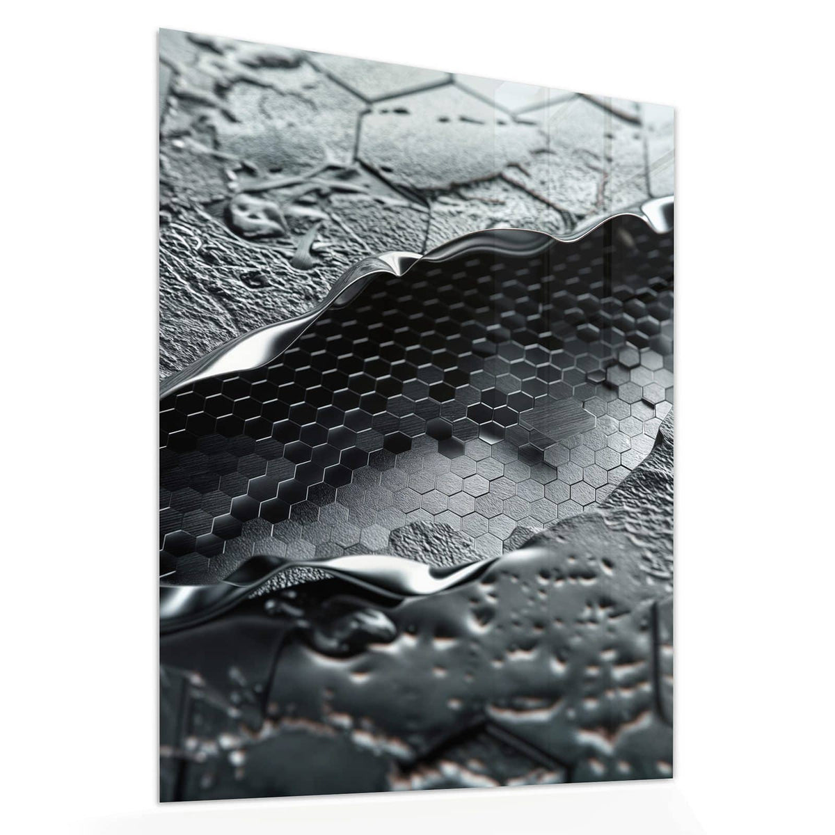Echtglas, 4 mm – kein Acryl, keine Folie – Wandbild - Waben in Metall - Hochformat