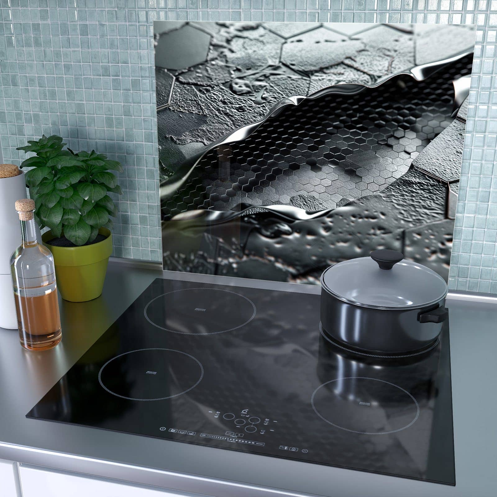 1-teilige Glasabdeckplatte für Ceranfeld mit Hexagon Muster-Motiv als Spritzschutz hinter dem Kochfeld
