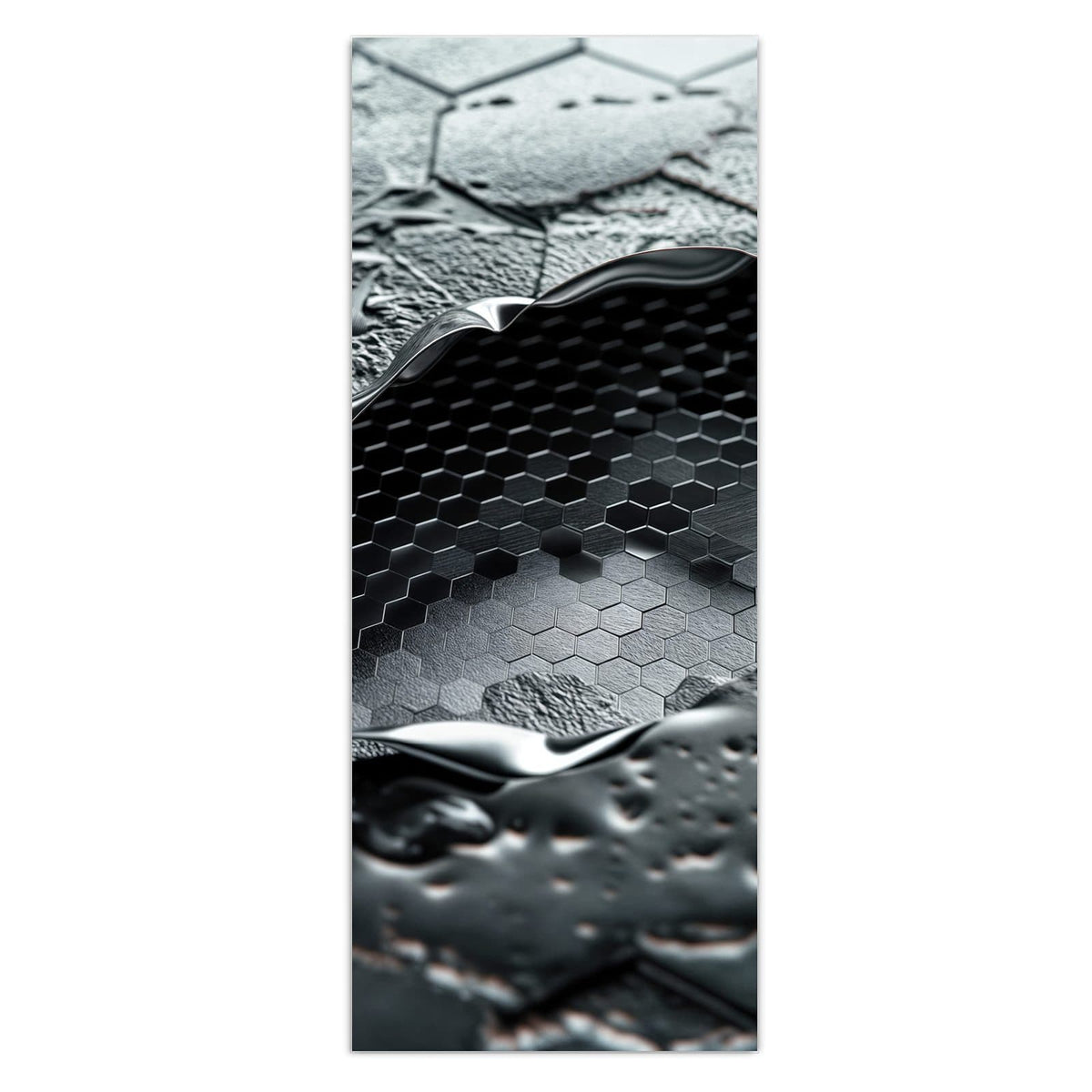 Schwarze Wabenfläche, über die sich eine flüssig wirkende Metallwelle legt
