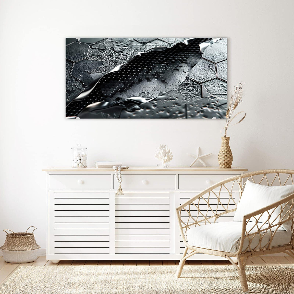 Echtglas, 4 mm – kein Acryl, keine Folie – Wandbild - Waben in Metall - Querformat