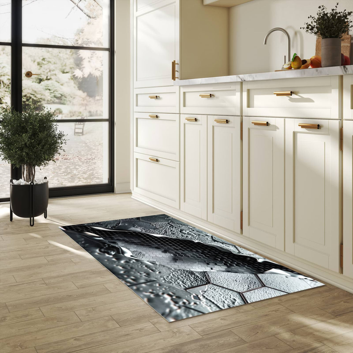 Komfortabler Teppich fürs Esszimmer mit Motiv Hexagon Muster in heller Küche, waschbar