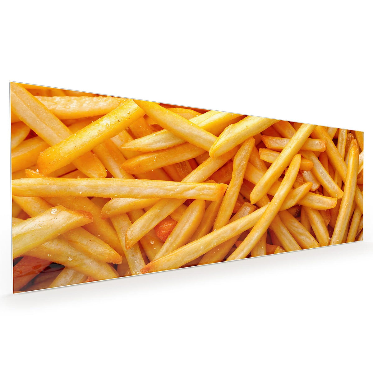 Küchenrückwand aus Glas im Hochformat: Bildfüllender Haufen goldgelber Pommes frites