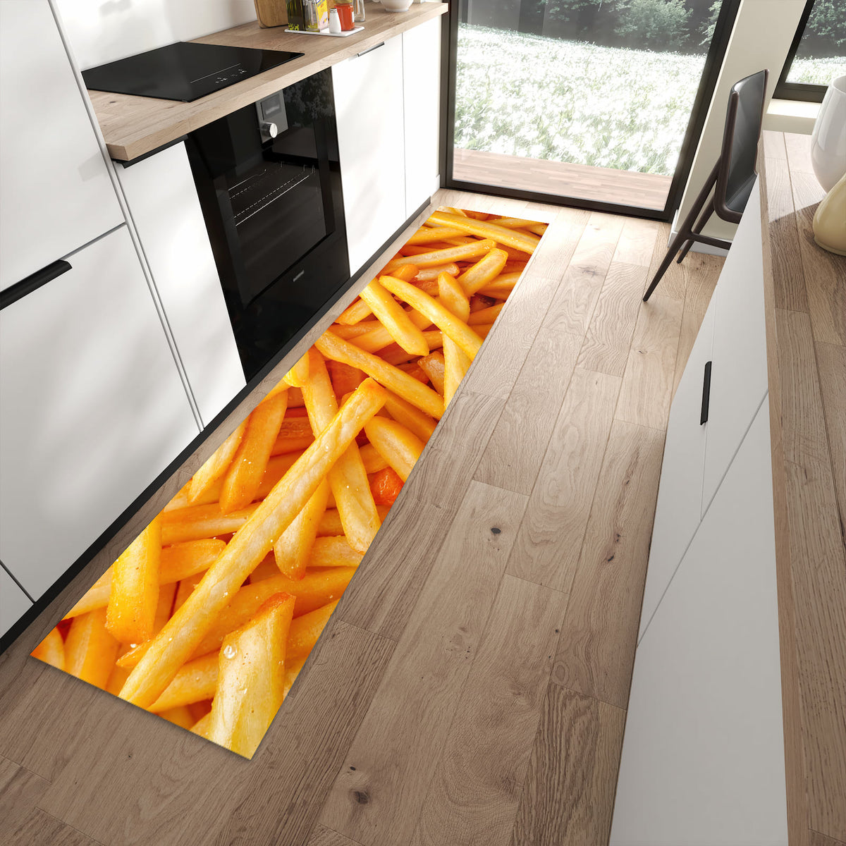 Küchenteppich mit Motiv Pommes Frites für angenehme Haptik in moderner Küche