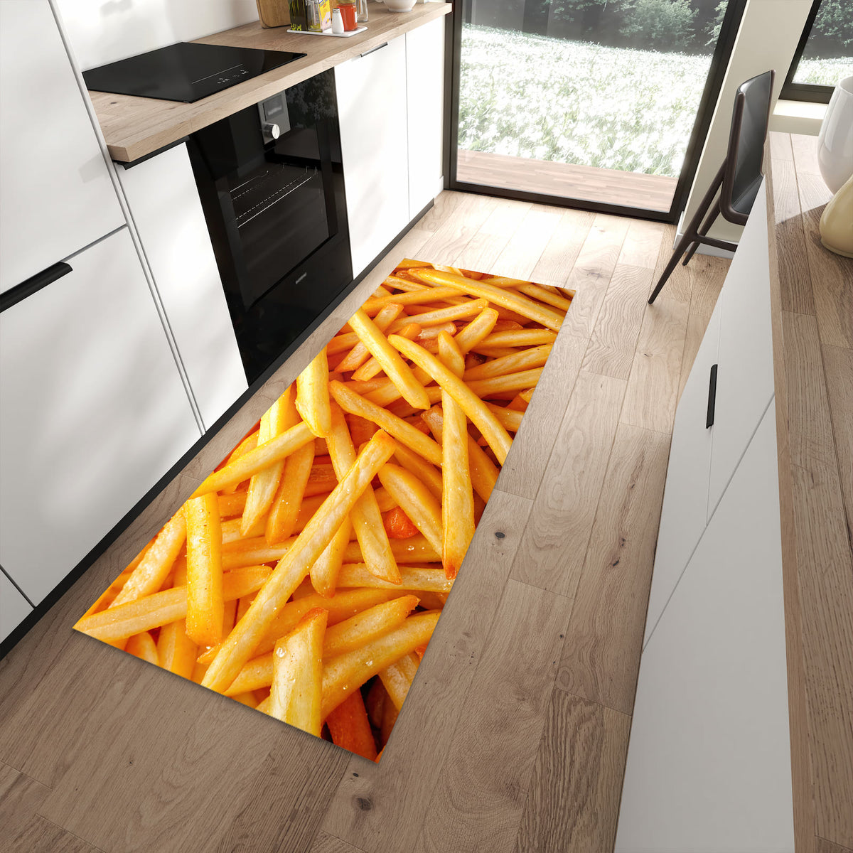 Waschbarer großer Küchenteppich mit Motiv Pommes Frites in moderner Küche