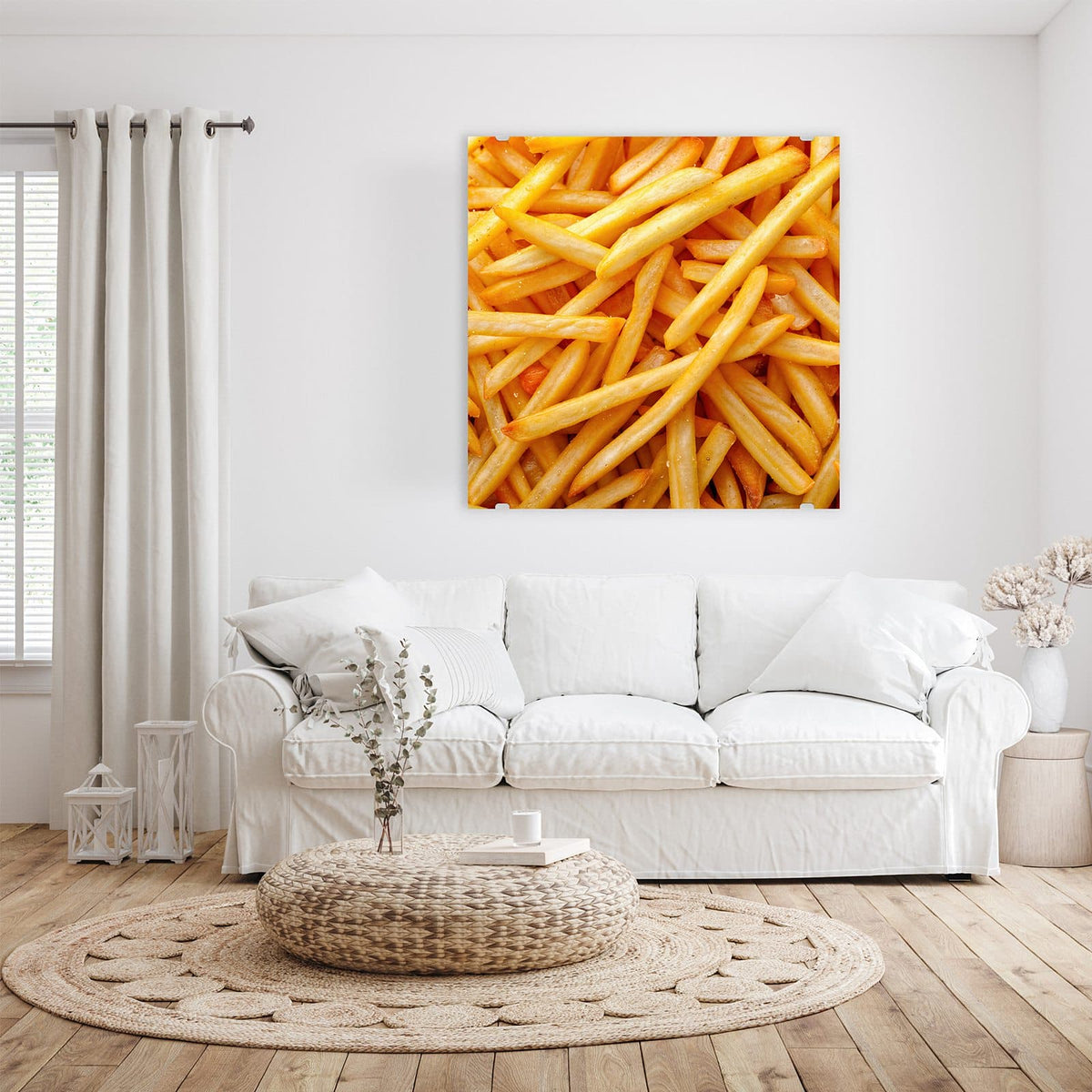 Glasbild Pommes Frites an der Wand – Bildfüllender Haufen goldgelber Pommes frites