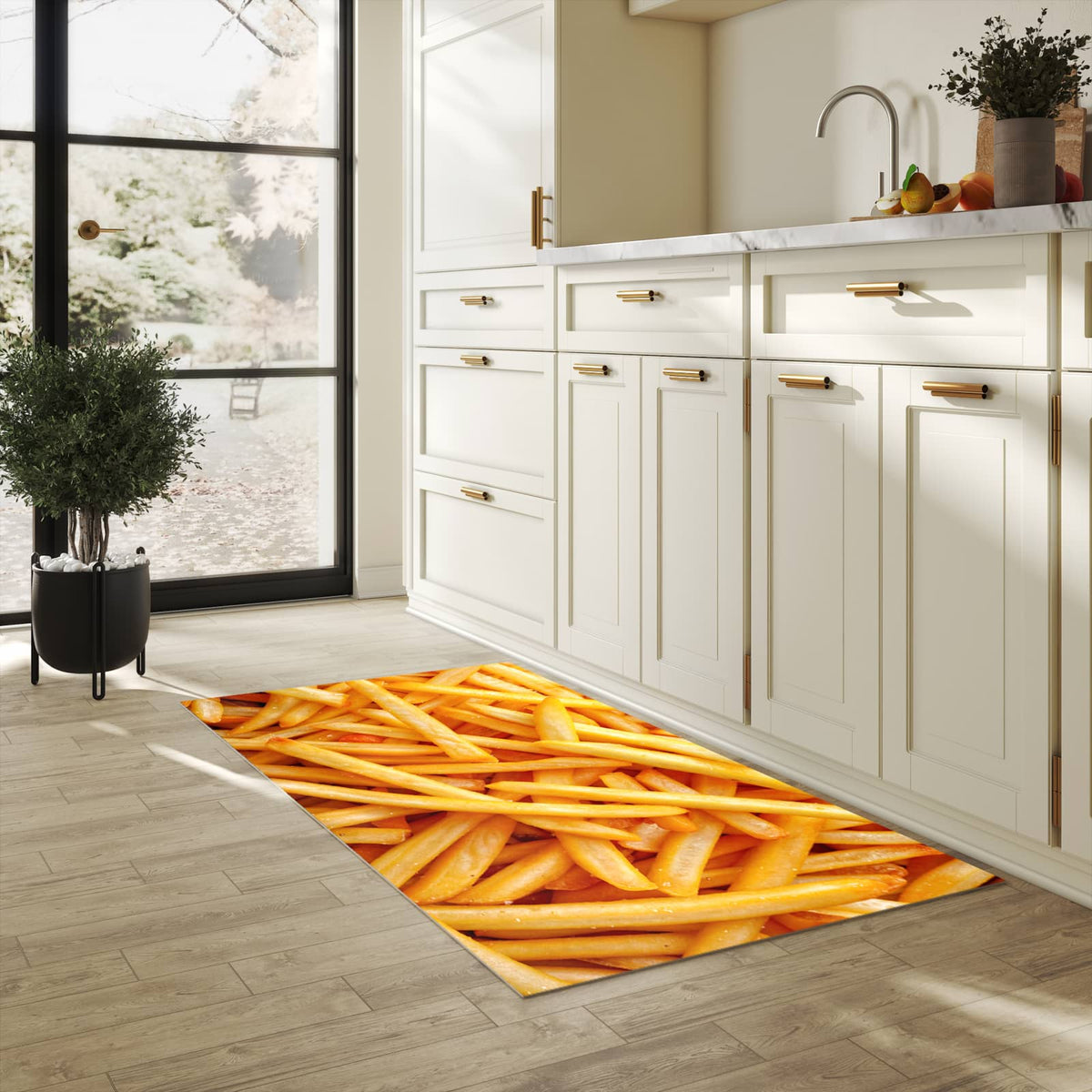 Küchenvorleger mit Motiv Pommes Frites in heller Küche für sichere Aufbewahrung