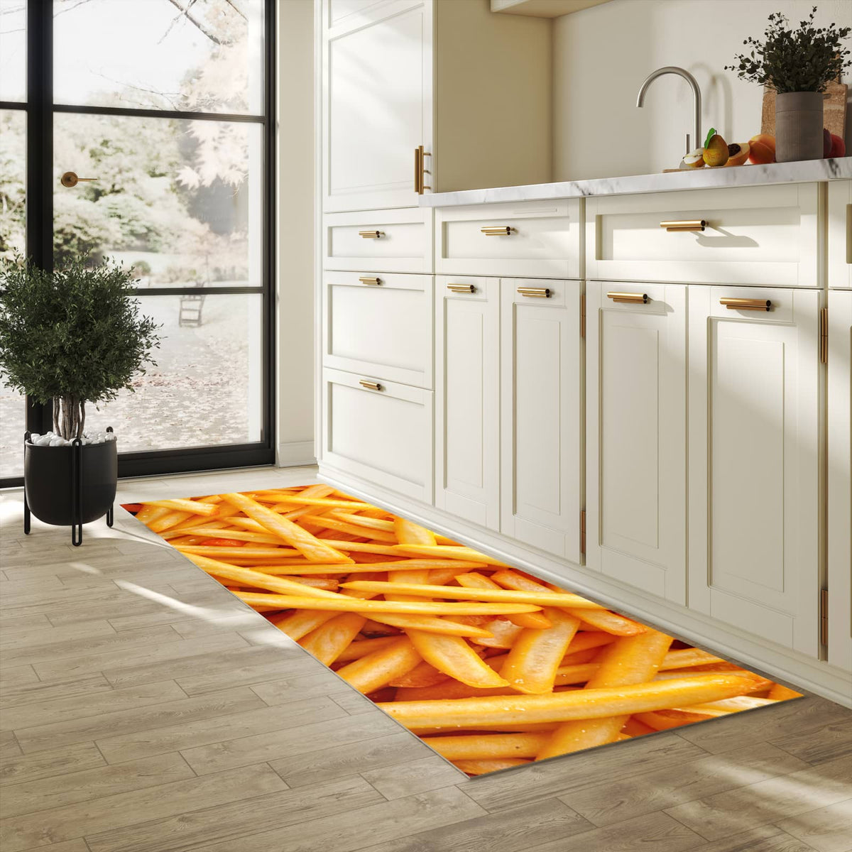 Bodenschonender Läufer für die Küche mit Motiv Pommes Frites in heller Küche