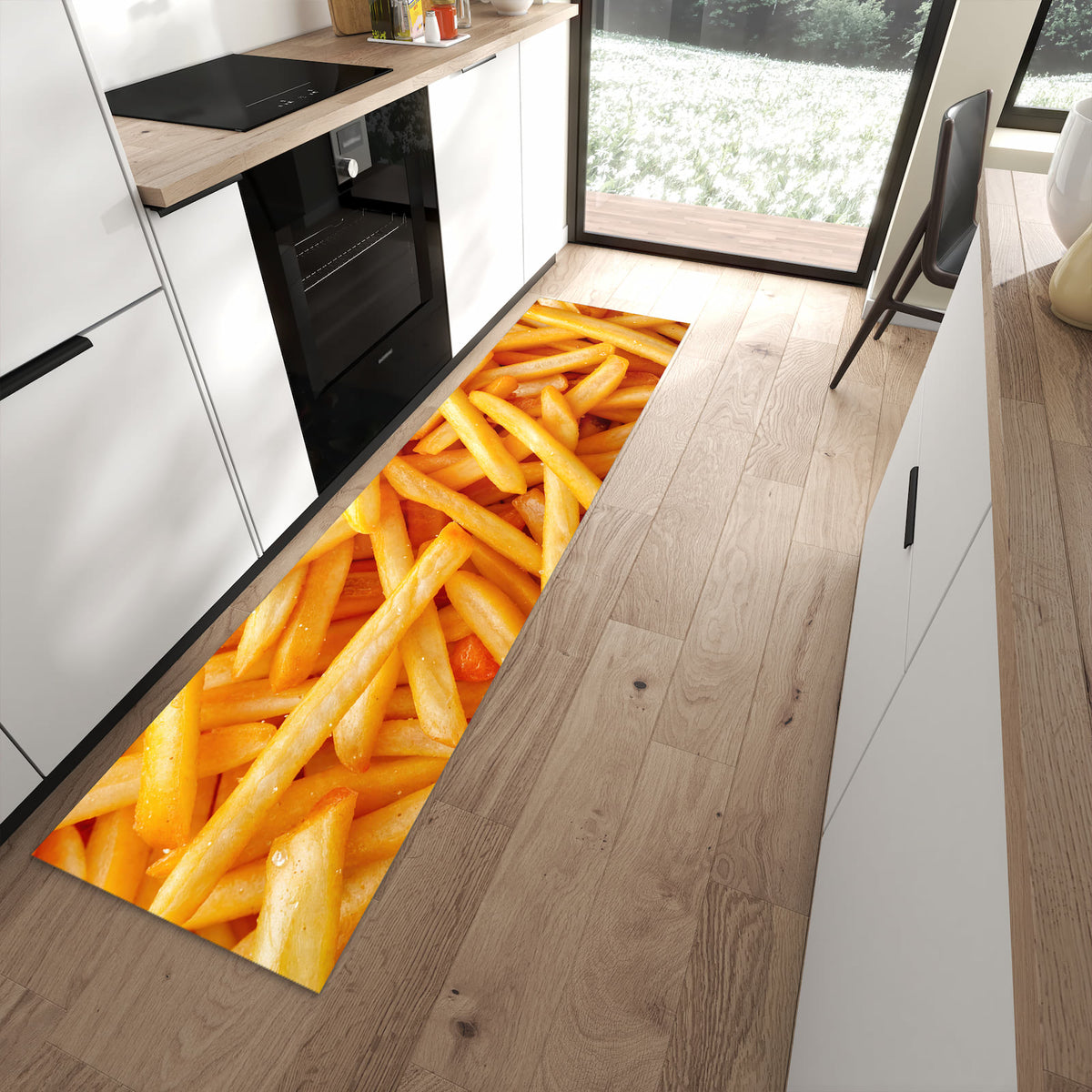 Rutschfester Küchenteppich mit Motiv Pommes Frites in moderner Küche - leicht zu reinigen