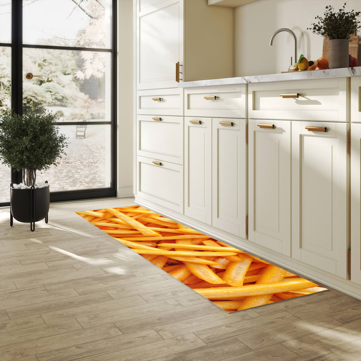 Langlebiger Teppich für die Küche mit Motiv Pommes Frites in heller Küche