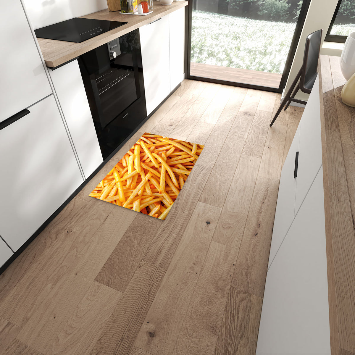 Strapazierfähiger waschbarer Küchenteppich mit Motiv Pommes Frites in moderner Küche
