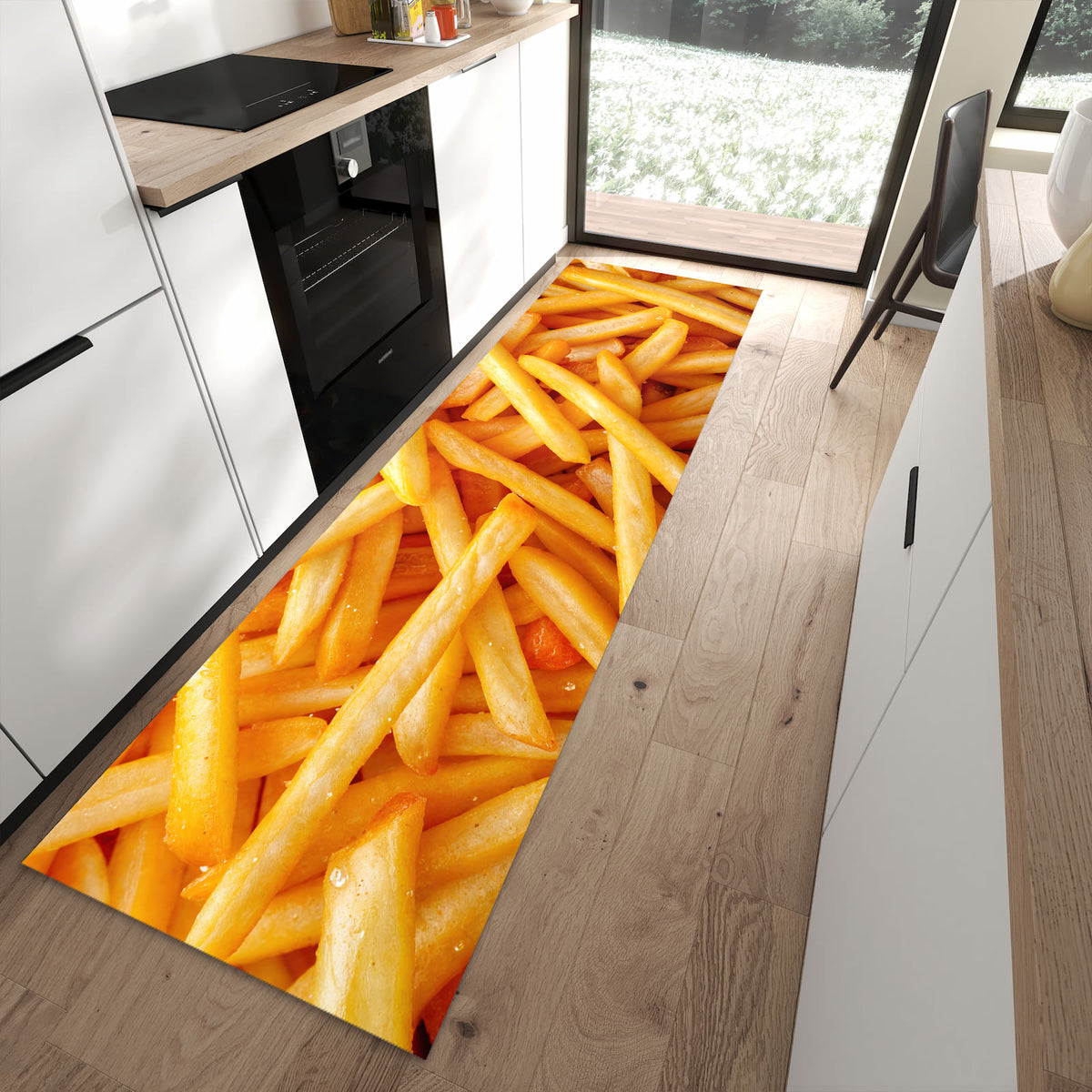 Rutschfester Küchenteppich mit Motiv Pommes Frites in moderner Küche