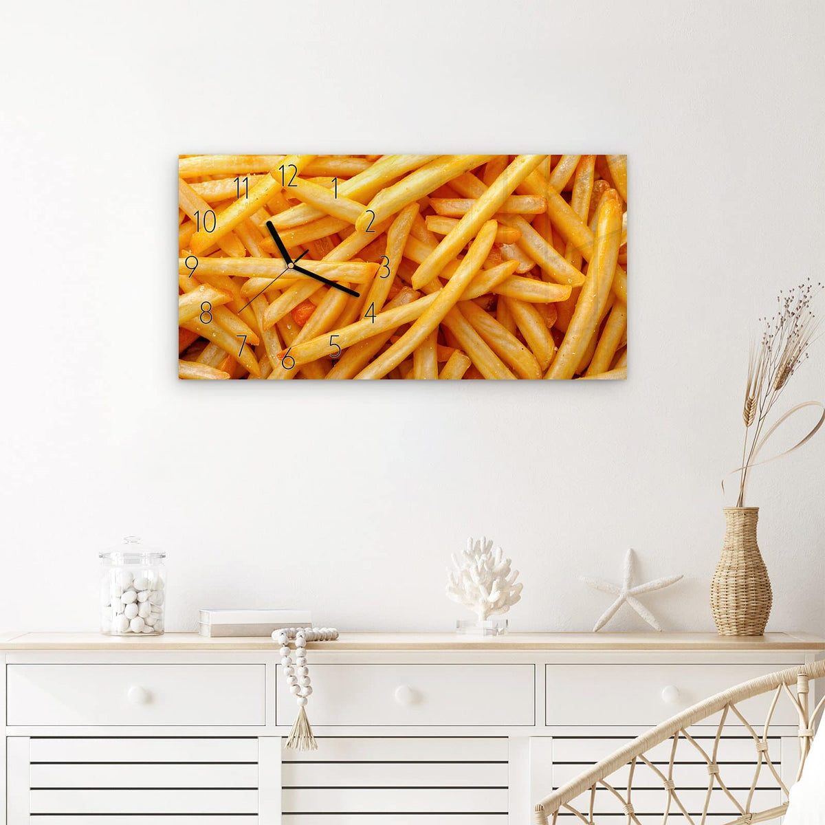 Wanduhr Pommes Frites aus Glas – Querformat 60 × 30 cm – Goldgelbe Pommes dicht an dicht