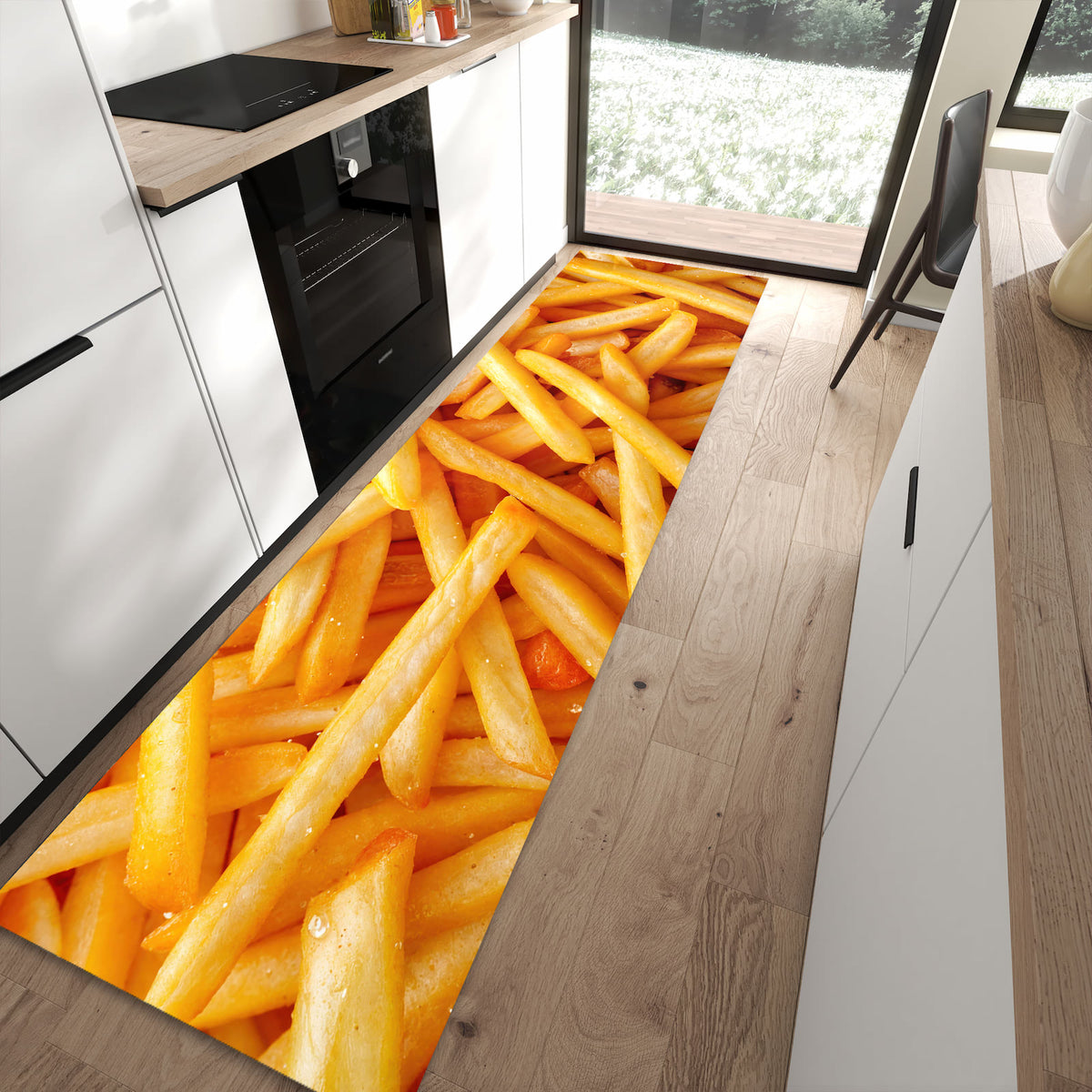 Feuchtigkeitsresistenter Küchenläufer mit Motiv Pommes Frites in moderner Küche