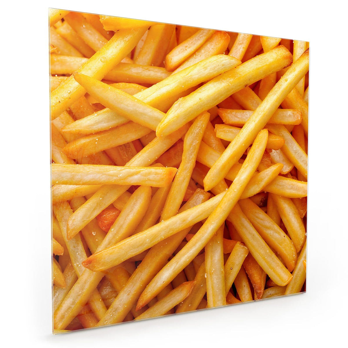 Küchenrückwand aus Glas im quadratischen Format: Bildfüllender Haufen goldgelber Pommes frites