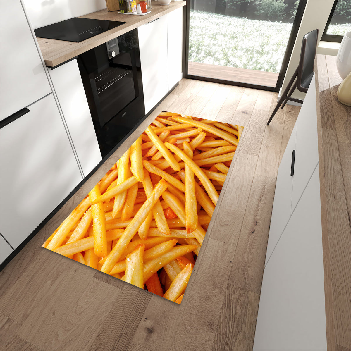 Bodenschonender Küchenläufer mit Motiv Pommes Frites in moderner Küche