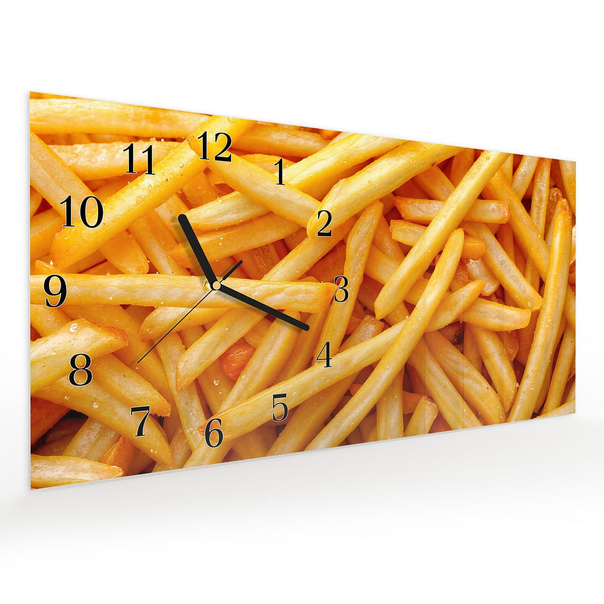 Vormontiert – mit Schwebeeffekt – Wanduhr Pommes Frites aus Glas – Querformat 60 × 30 cm