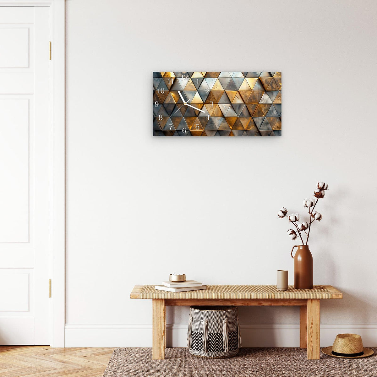 Moderne Wanduhr aus Glas mit Farbtiefe – Wanduhr Dreiecksmuster Wand aus Glas – Querformat 60 × 30 cm