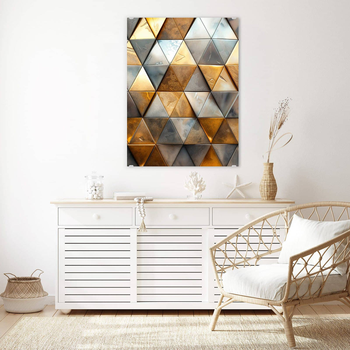 Aufhängung liegt bei – Motiv später wechselbar – Wandbild - Metalldreiecke in Gold - Hochformat