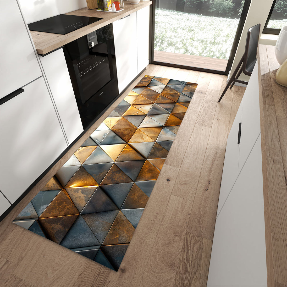 Fleckenresistenter waschbarer Teppich mit Motiv Dreiecksmuster Wand in moderner Küche