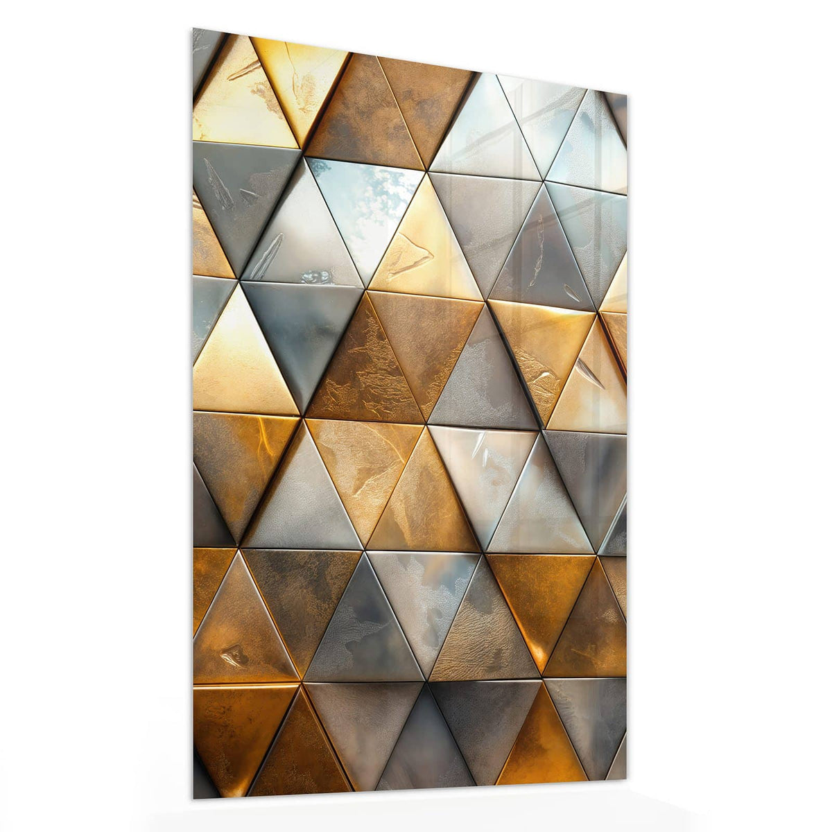 11 Größen – von 30 × 60 bis 60 × 150 cm – Wandbild - Metalldreiecke in Gold - Hochformat