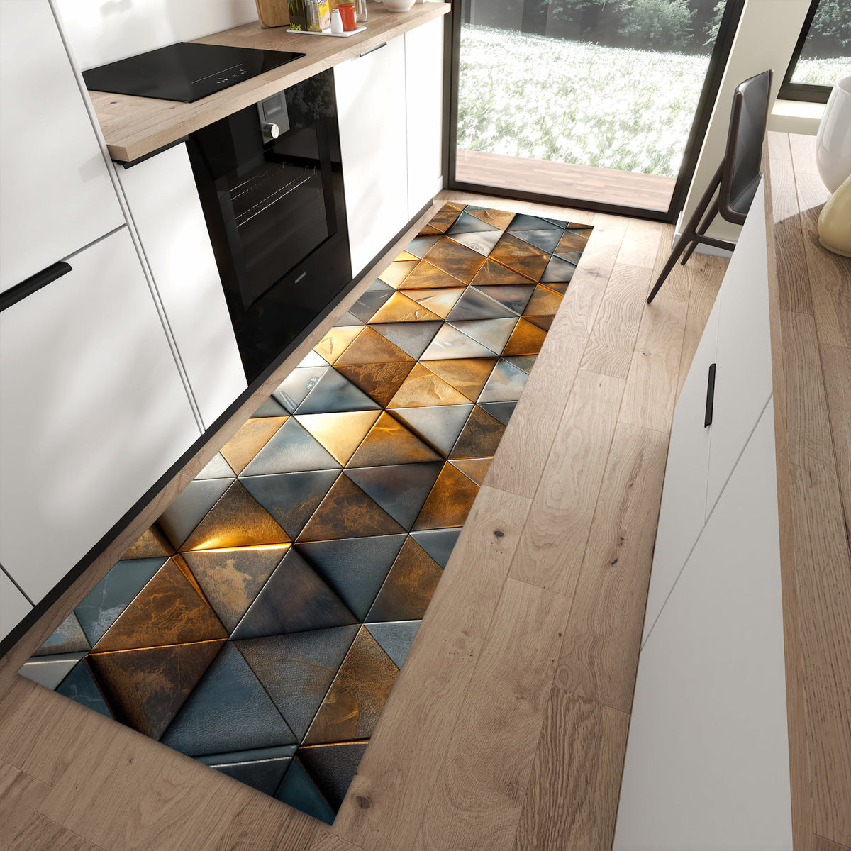 Schmutzabweisender Teppich für Esstisch mit Motiv Dreiecksmuster Wand in moderner Küche