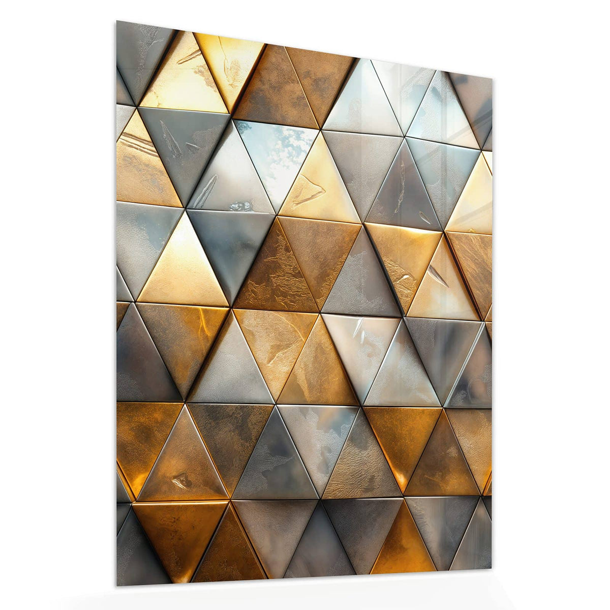 Echtglas, 4 mm – kein Acryl, keine Folie – Wandbild - Metalldreiecke in Gold - Hochformat