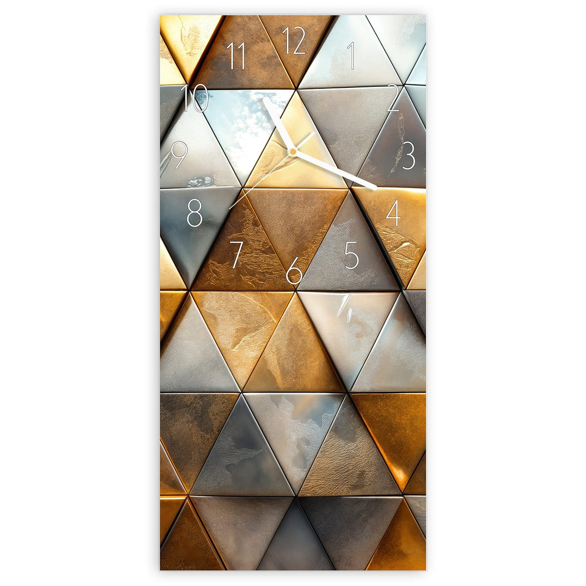 Wanduhr aus Glas, Ziffernblatt Elegant mit Motiv Metalldreiecke in Gold: Wand aus plastischen Dreiecken in glänzendem Gold, Bronze und Silbergrau #ziffernblatt_Elegant