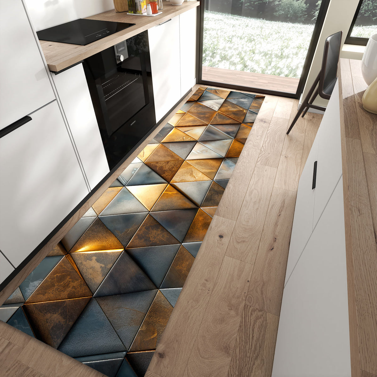 Geruchsneutraler rutschfester Küchenteppich mit Motiv Dreiecksmuster Wand in moderner Küche