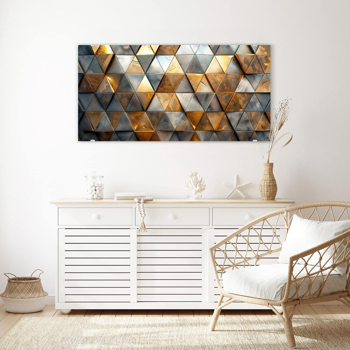 Echtglas, 4 mm – kein Acryl, keine Folie – Wandbild - Metalldreiecke in Gold - Querformat