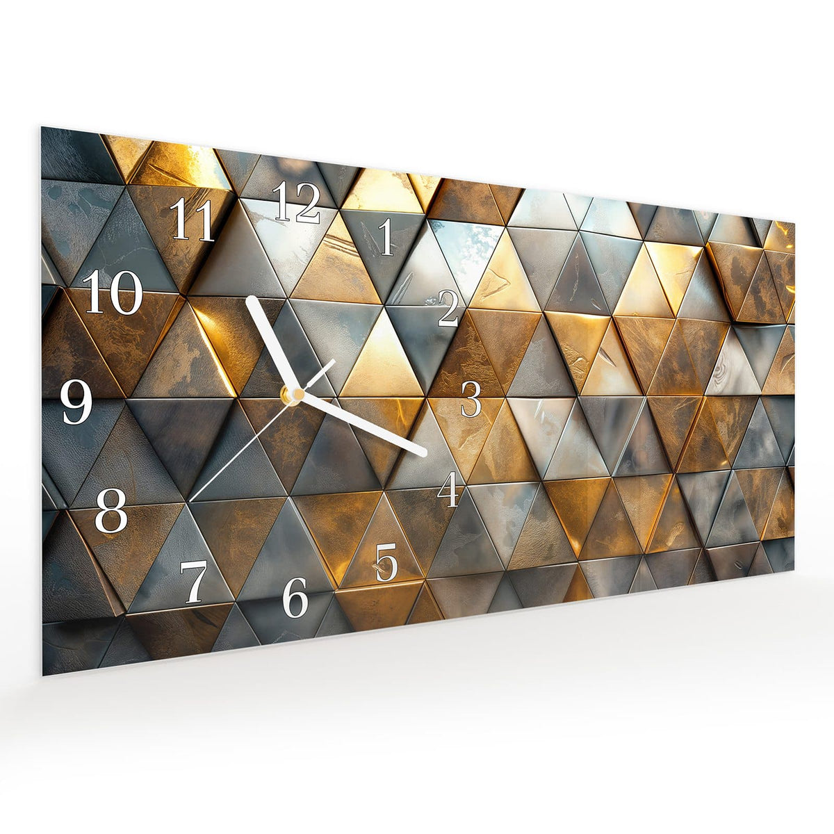 Vormontiert – mit Schwebeeffekt – Wanduhr Dreiecksmuster Wand aus Glas – Querformat 60 × 30 cm