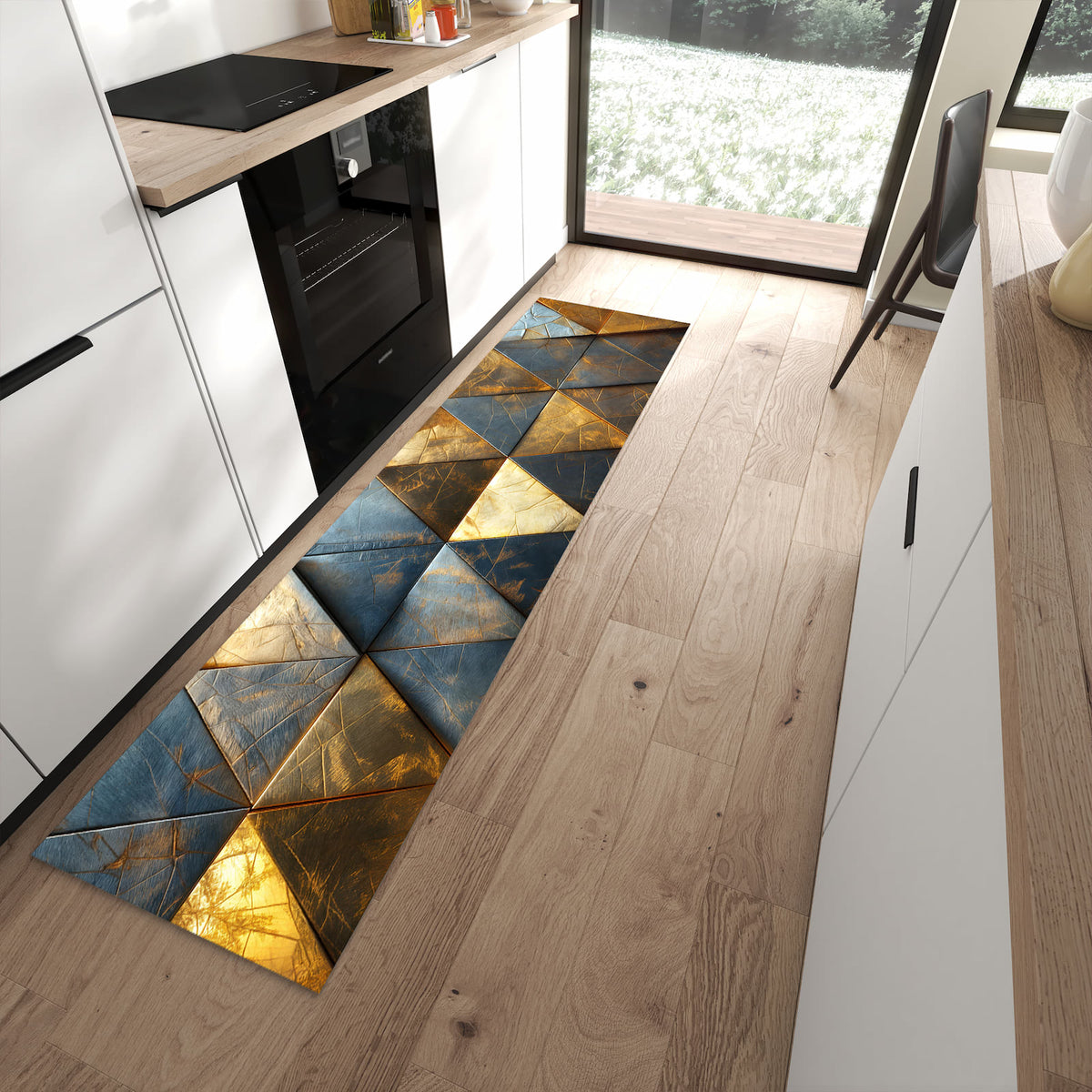 Hygienischer Küchenteppich mit Motiv Geometrische Wandkunst in moderner Küche