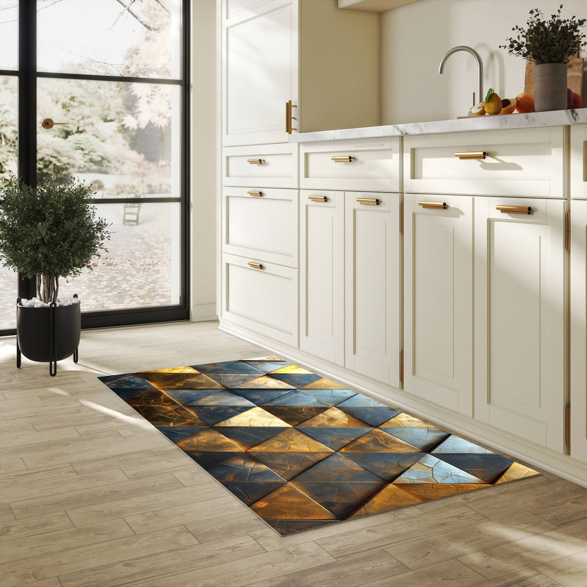 Geräuschdämpfender Küchenläufer mit Motiv Geometrische Wandkunst in heller Küche