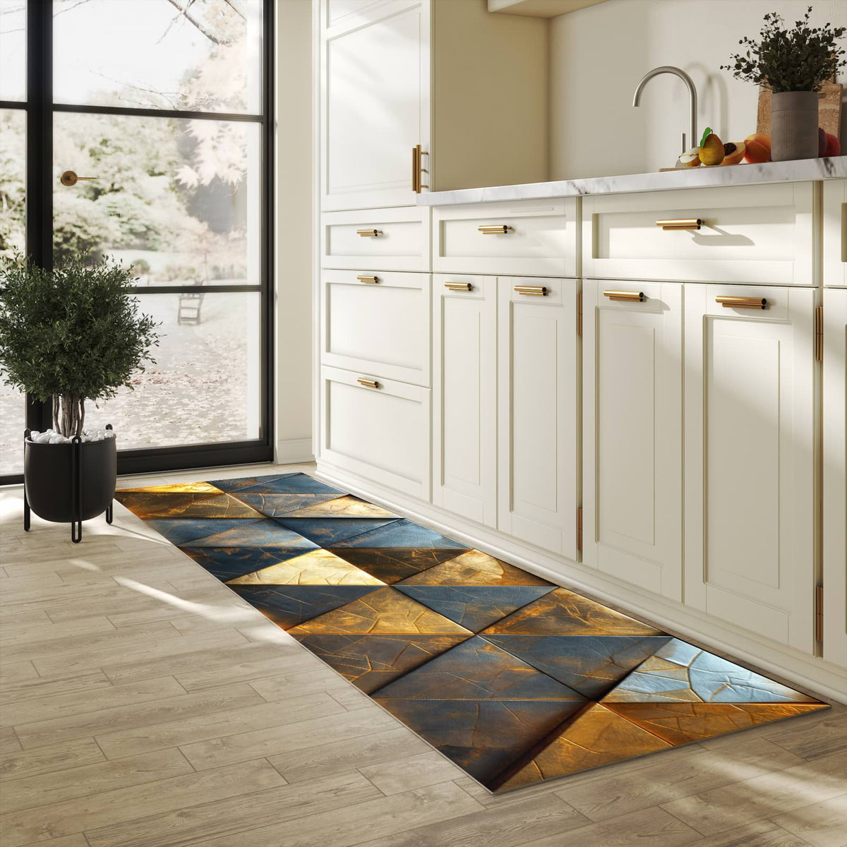 Rutschfester Küchenteppich mit Motiv Geometrische Wandkunst in heller Küche für sicheren Stand