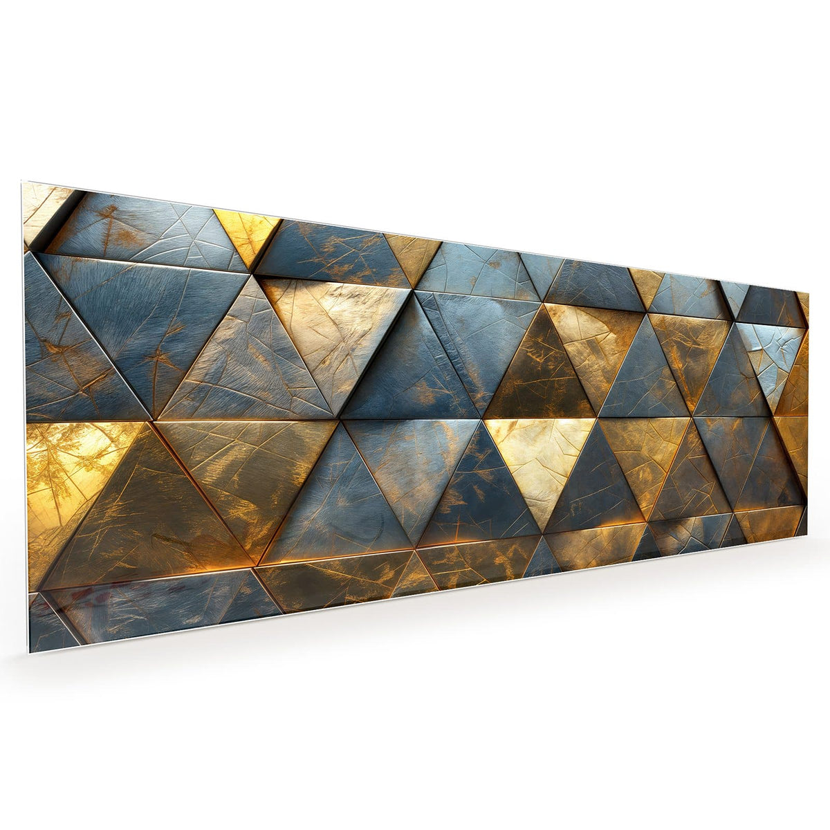 Küchenrückwand aus Glas im Hochformat mit Motiv Blaugoldene Dreiecke: Dreiecksfliesen aus Metall in Gold und Stahlblau #grösse_40 x 100 cm #grösse_50 x 125 cm #grösse_60 x 150 cm