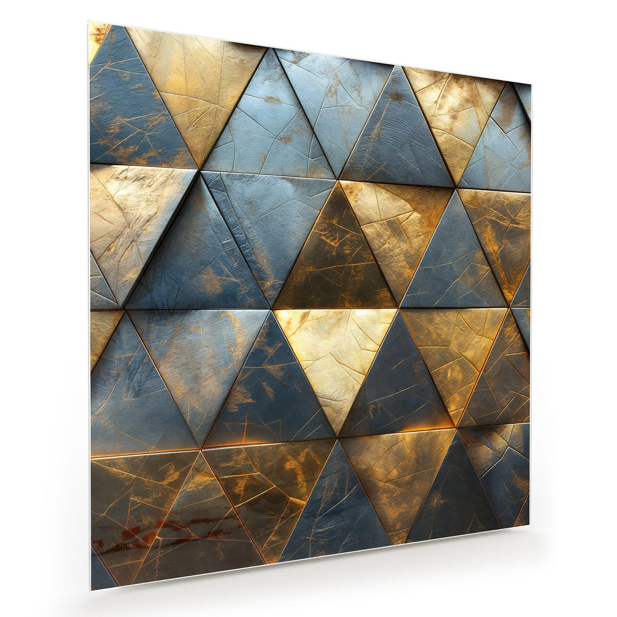 Dreiecksfliesen aus Metall in Gold und Stahlblau